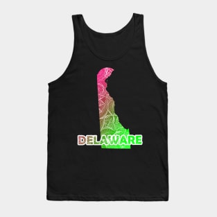 Colorful mandala art map of Delaware with text in pink and green Tank Top